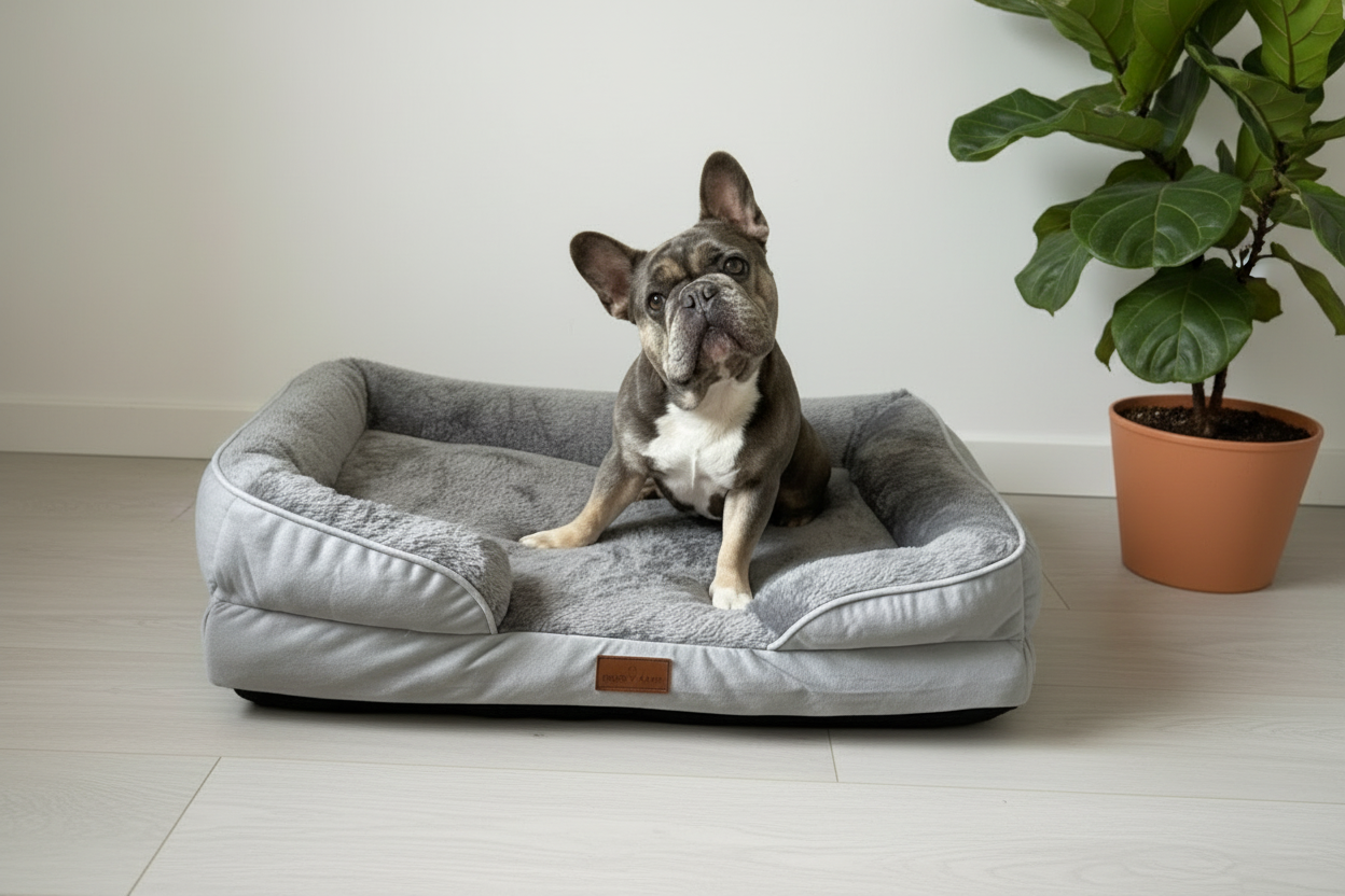Same dog bed with white flooring and walls