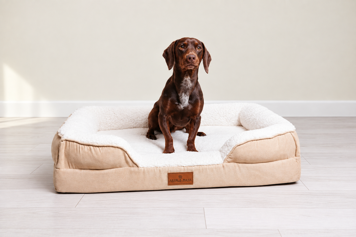 Brown dog on cream bed with matched background