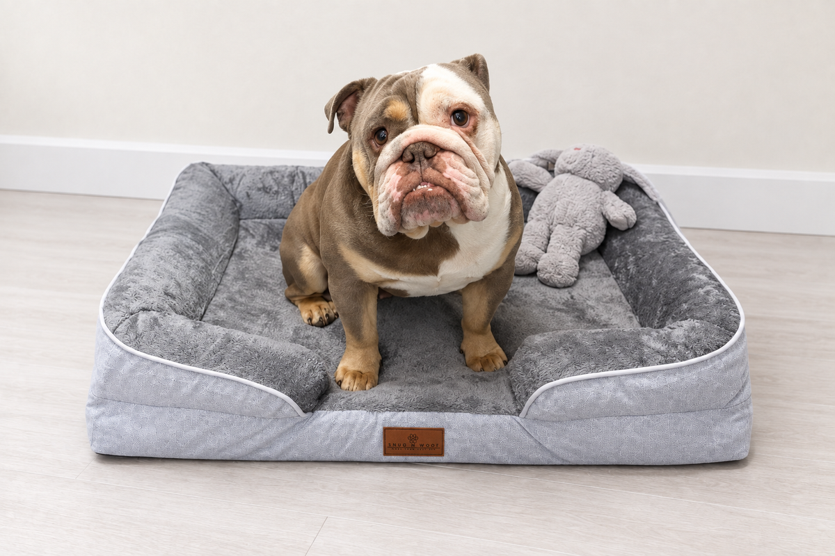 Bulldog on grey bed with matched background
