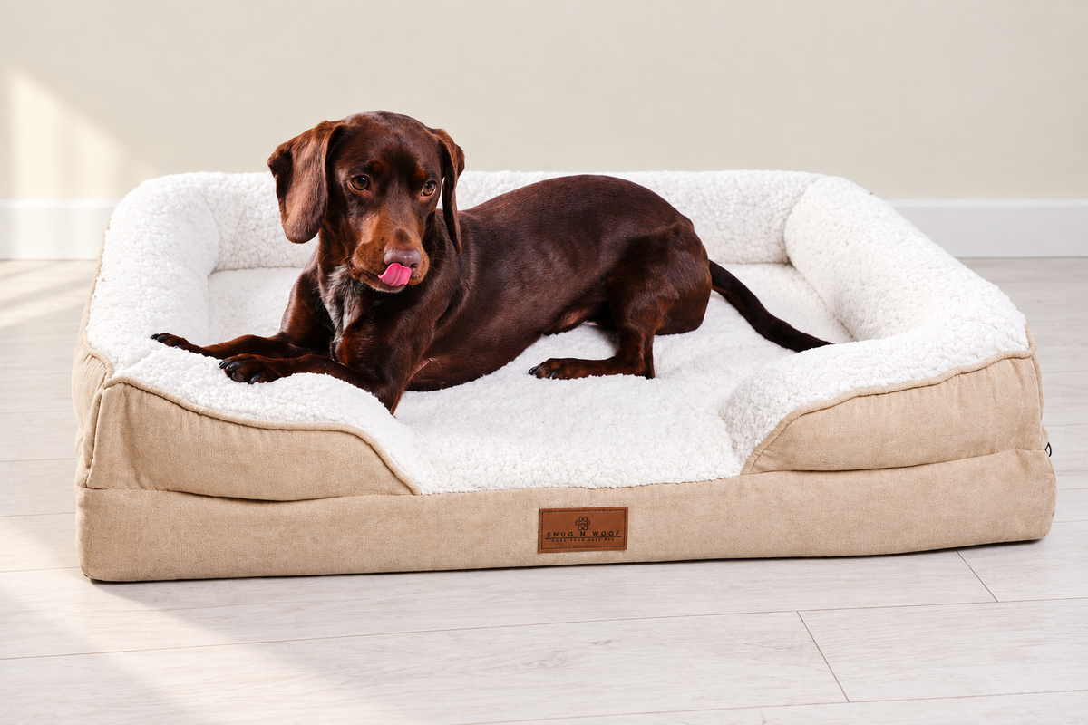 Chocolate-brown dog on cream bed with matched background