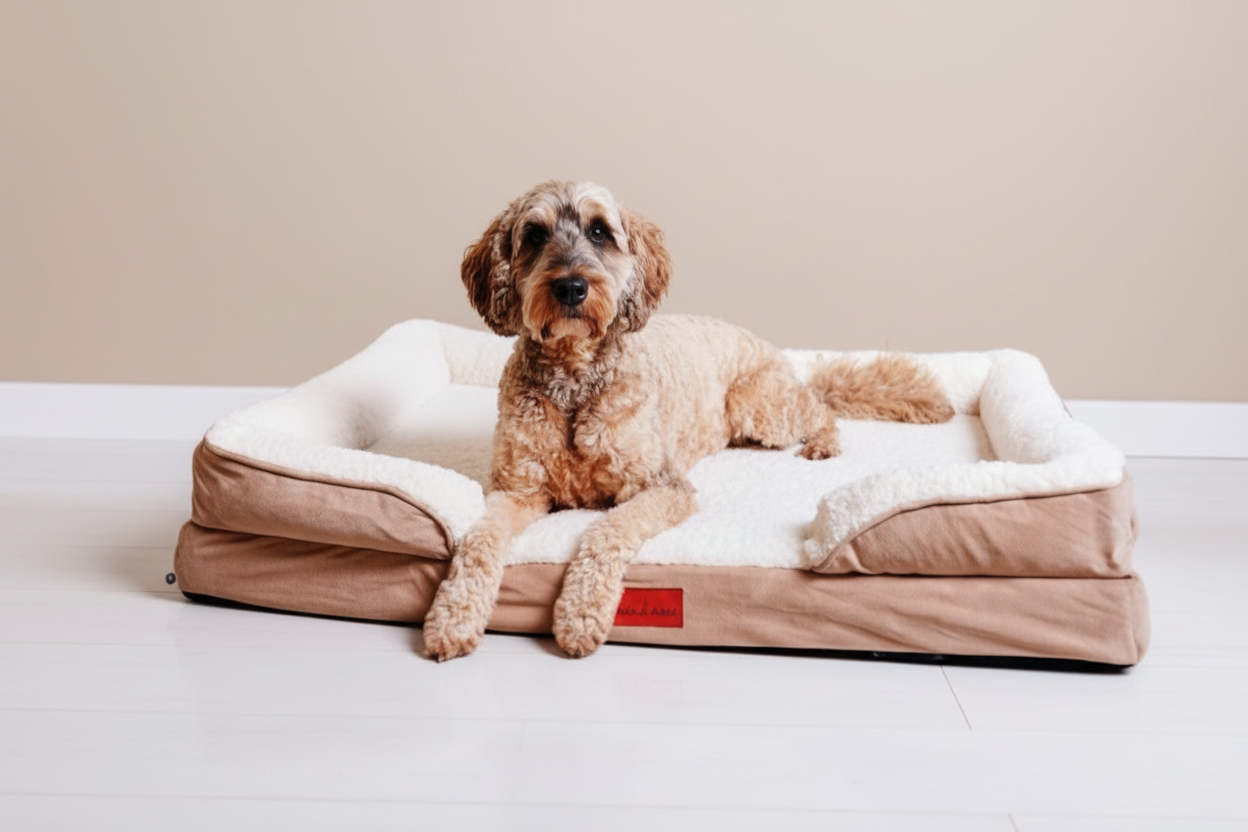 Dog bed on white laminate flooring with neutral walls