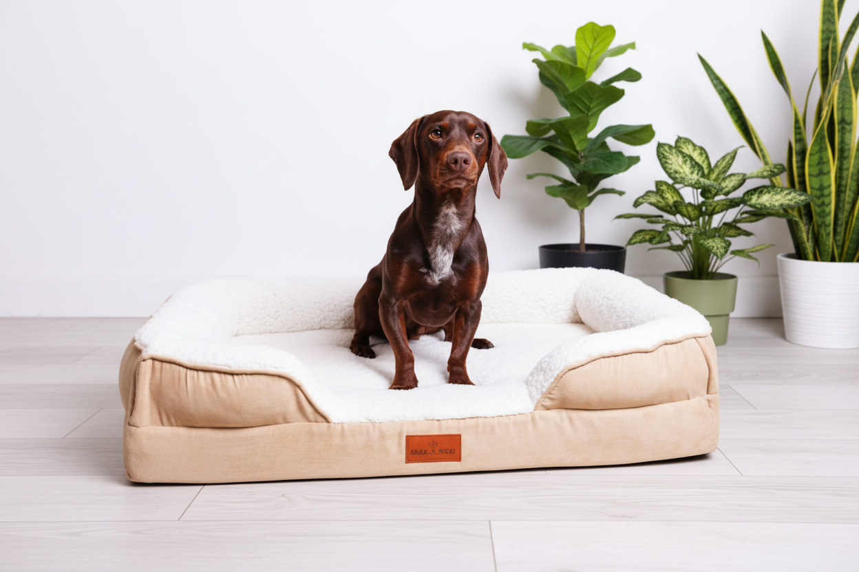 Dog bed on white laminate flooring with plants