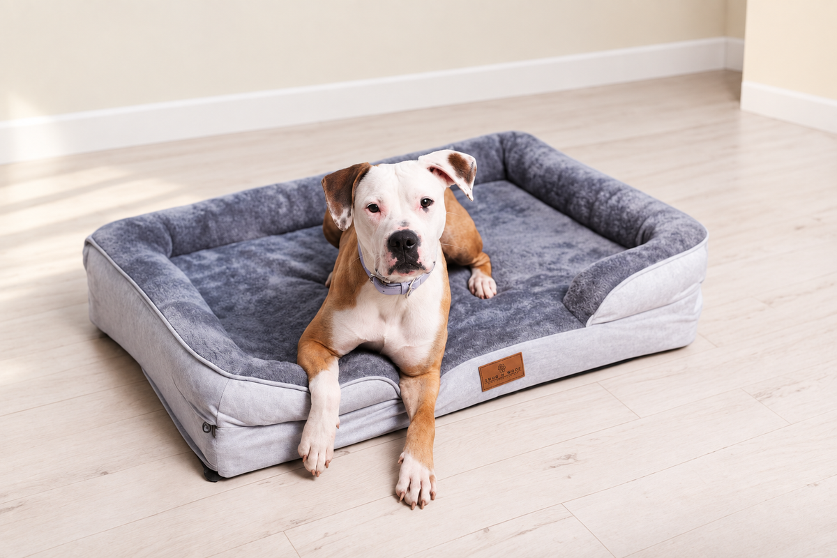 Dog on grey bed with matched neutral background