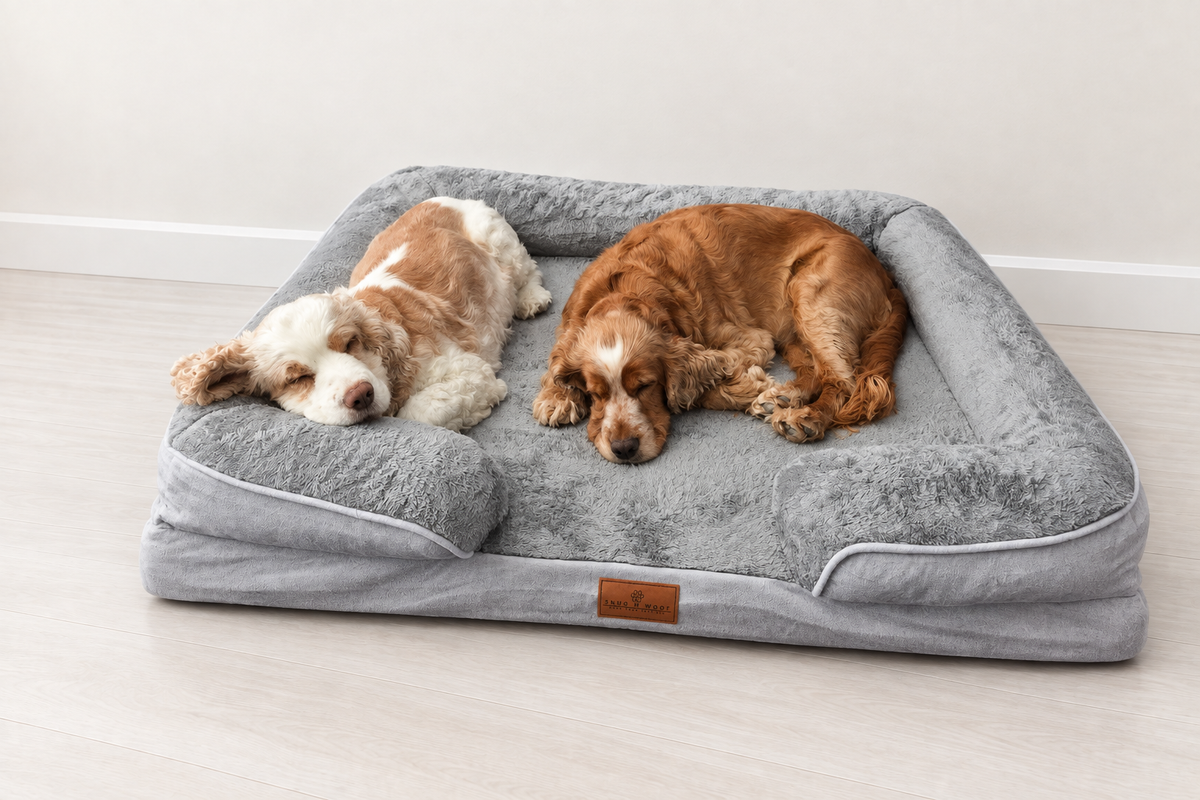 Two dogs on grey bed with matched background